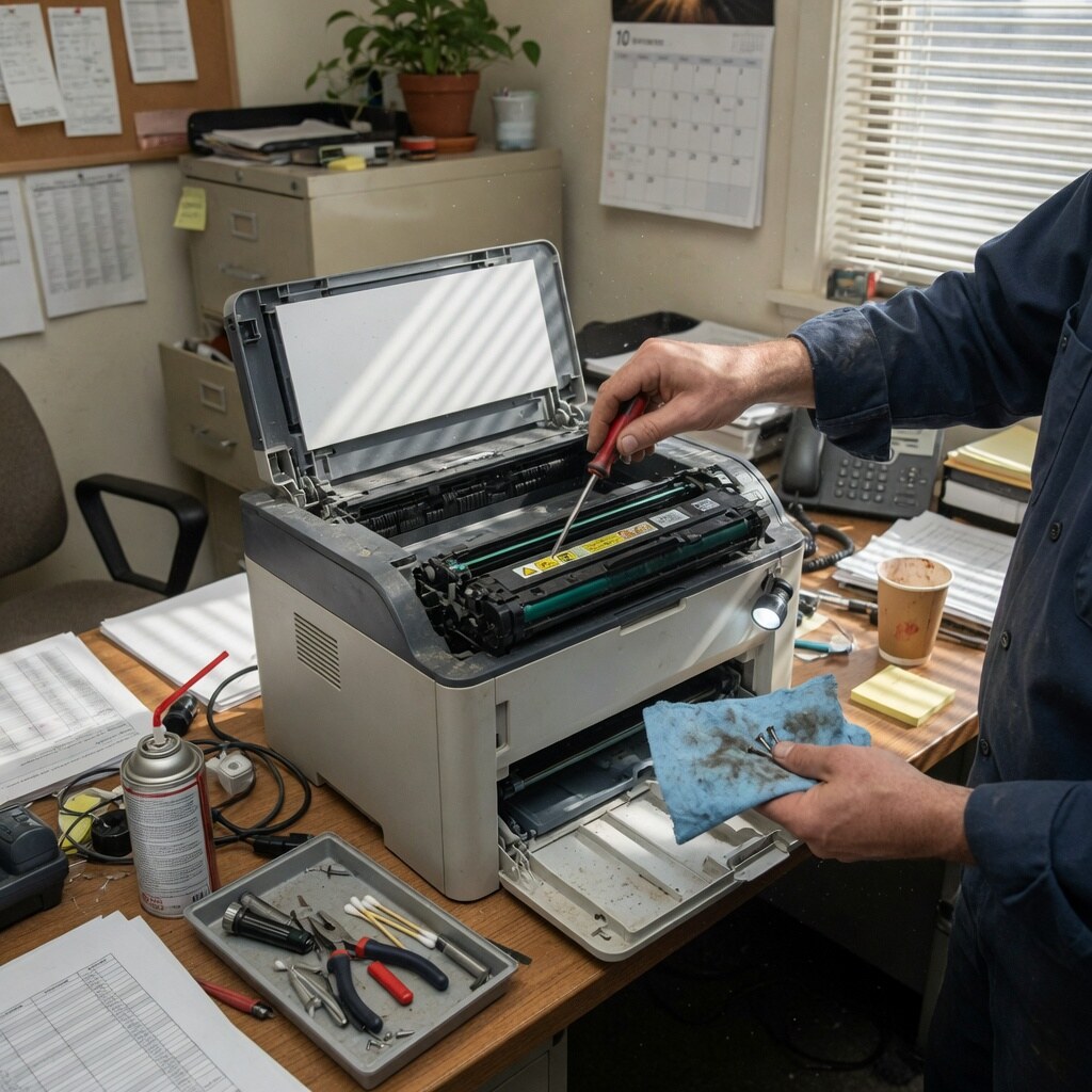 Technician servicing an office laser printer at a desk